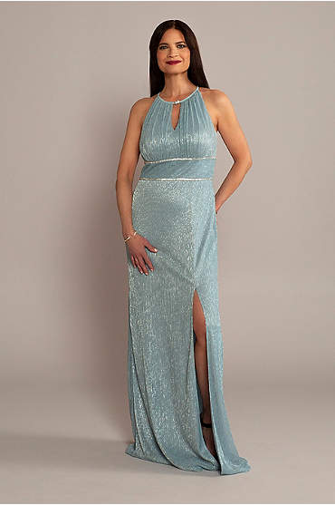 High-Neck Glitter A-Line Gown with Keyholes